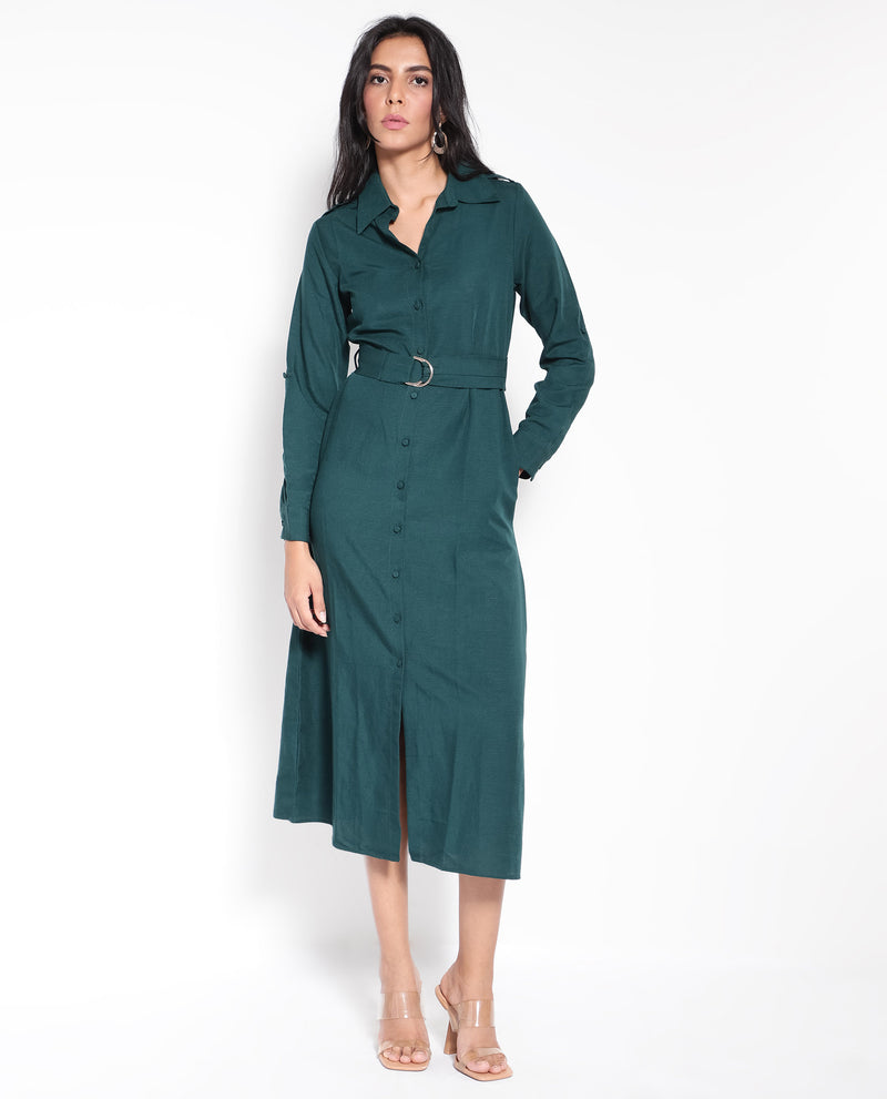Rareism Women'S Gellem Green Cotton Linen Fabric Regular Sleeves Collared Neck Solid Longline Dress