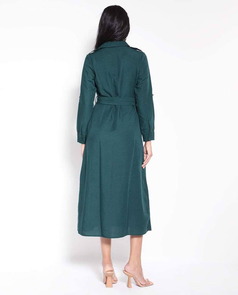 Rareism Women'S Gellem Green Cotton Linen Fabric Regular Sleeves Collared Neck Solid Longline Dress