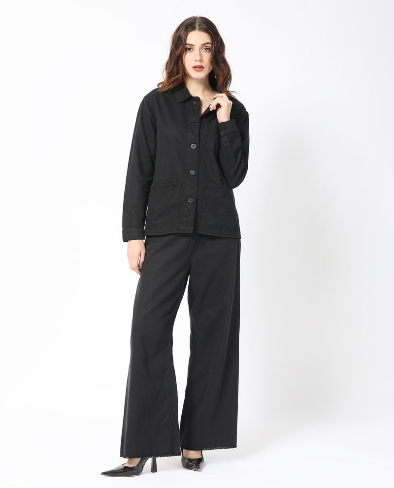 Rareism Women'S Genesis Black Tencel Fabric Full Sleeves Button Closure Shirt Collar Regular Fit Plain Jacket