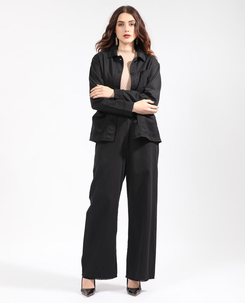Rareism Women'S Genia Black Cotton Blend Fabric Regular Fit High Rise Solid Ankle Length Trousers