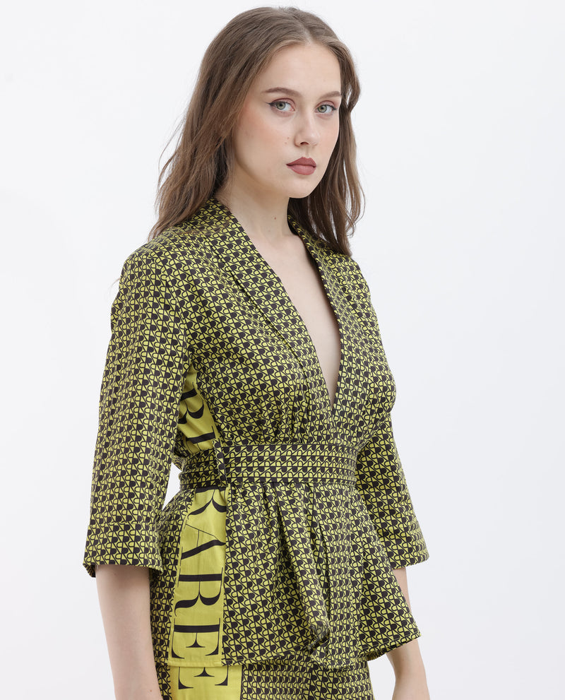 Rareism Women'S Geomo-T Yellow Cotton Fabric Full Sleeves Regular Fit Geometric Print Shrug