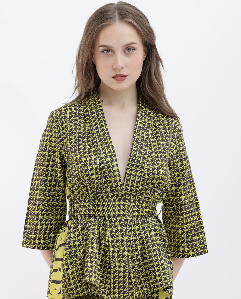 Rareism Women's Geomo-T Yellow Cotton Fabric Full Sleeves Regular Fit Geometric Print Shrug