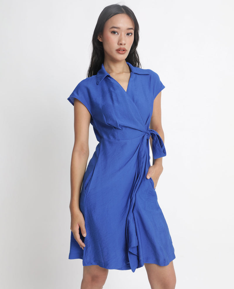 Rareism Women's Gesto Blue Viscose Nylon Fabric Short Sleeves Tie-Up Closure Drop Collar Extended Sleeve Regular Fit Plain Short Dress