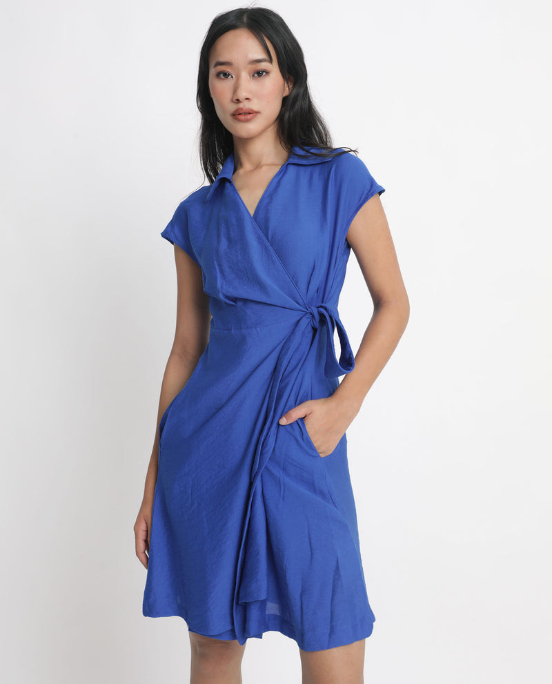 Rareism Women's Gesto Blue Viscose Nylon Fabric Short Sleeves Tie-Up Closure Drop Collar Extended Sleeve Regular Fit Plain Short Dress
