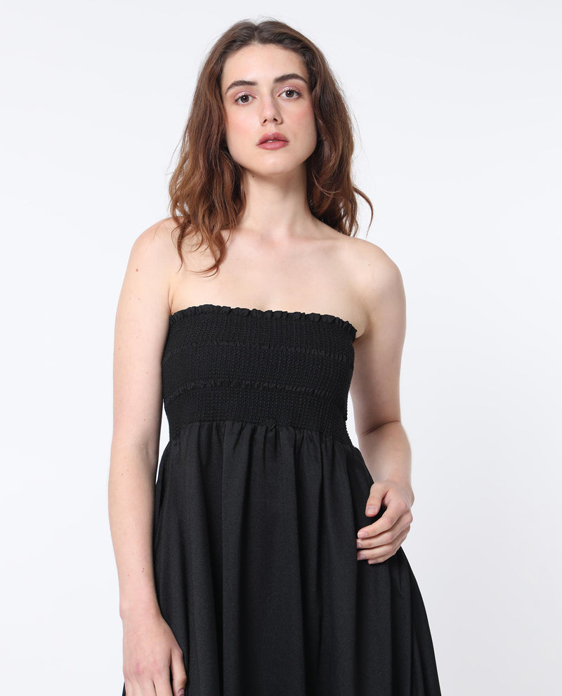 Rareism Women's Gimpel Black Viscose Nylon Fabric Sleeveless Shoulder Straps Fit And Flare Plain Maxi Empire Dress