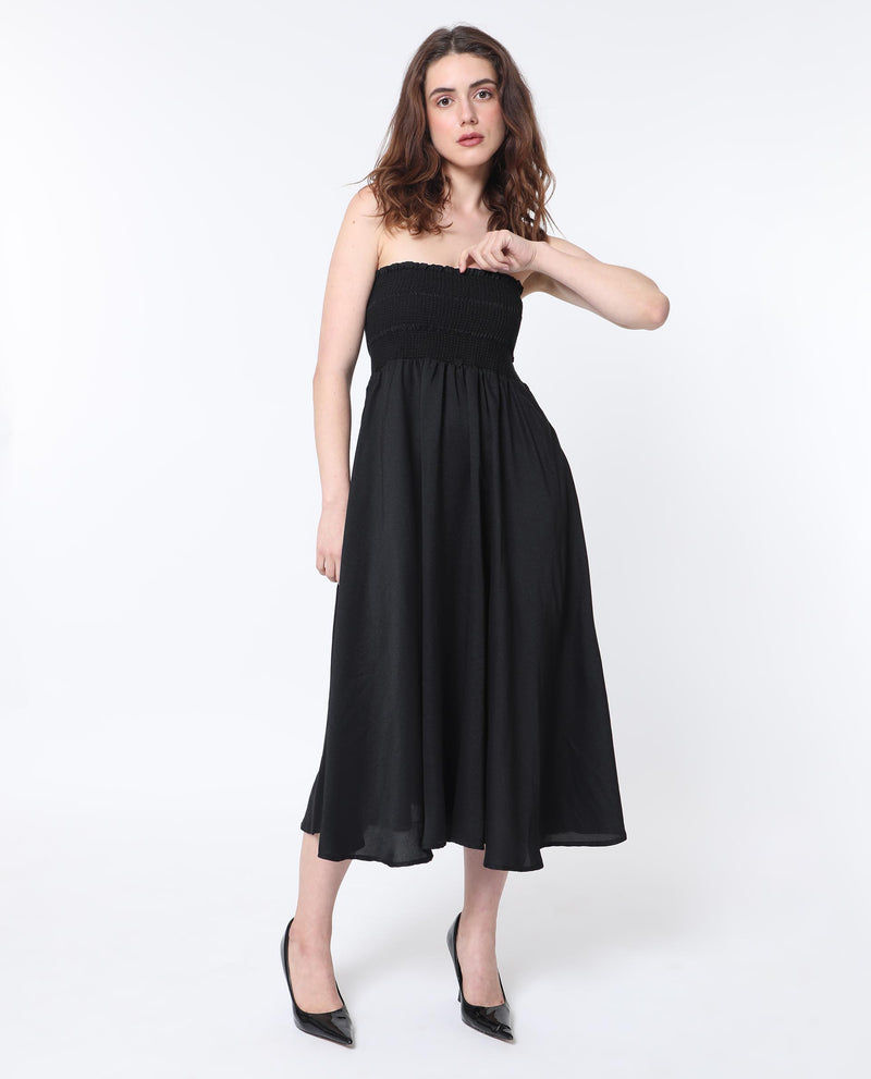 Rareism Women's Gimpel Black Viscose Nylon Fabric Sleeveless Shoulder Straps Fit And Flare Plain Maxi Empire Dress