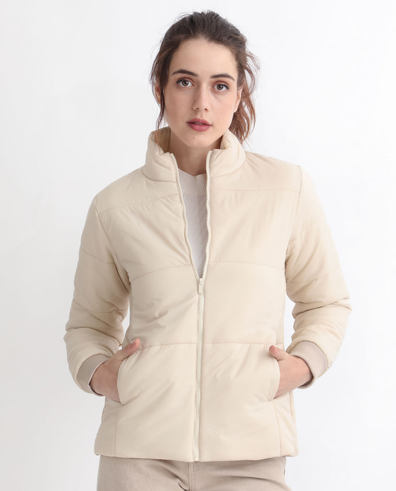 Rareism Women'S Glasha Ls Beige Polyester Fabric Full Sleeves Solid High Neck Jacket