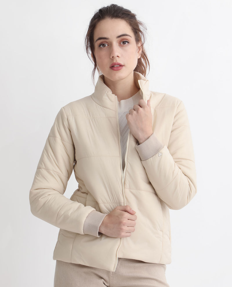 Rareism Women'S Glasha Ls Beige Polyester Fabric Full Sleeves Solid High Neck Jacket