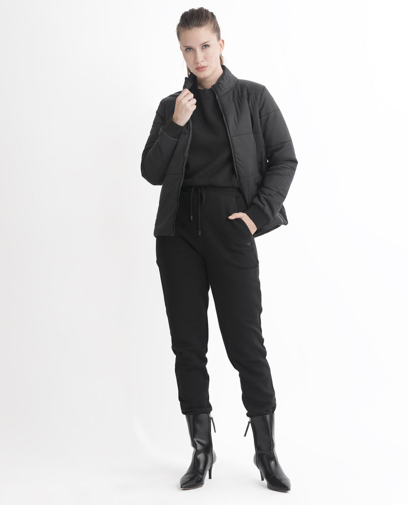Rareism Women's Glasha Ls Black Polyester Fabric Full Sleeves Solid High Neck Jacket