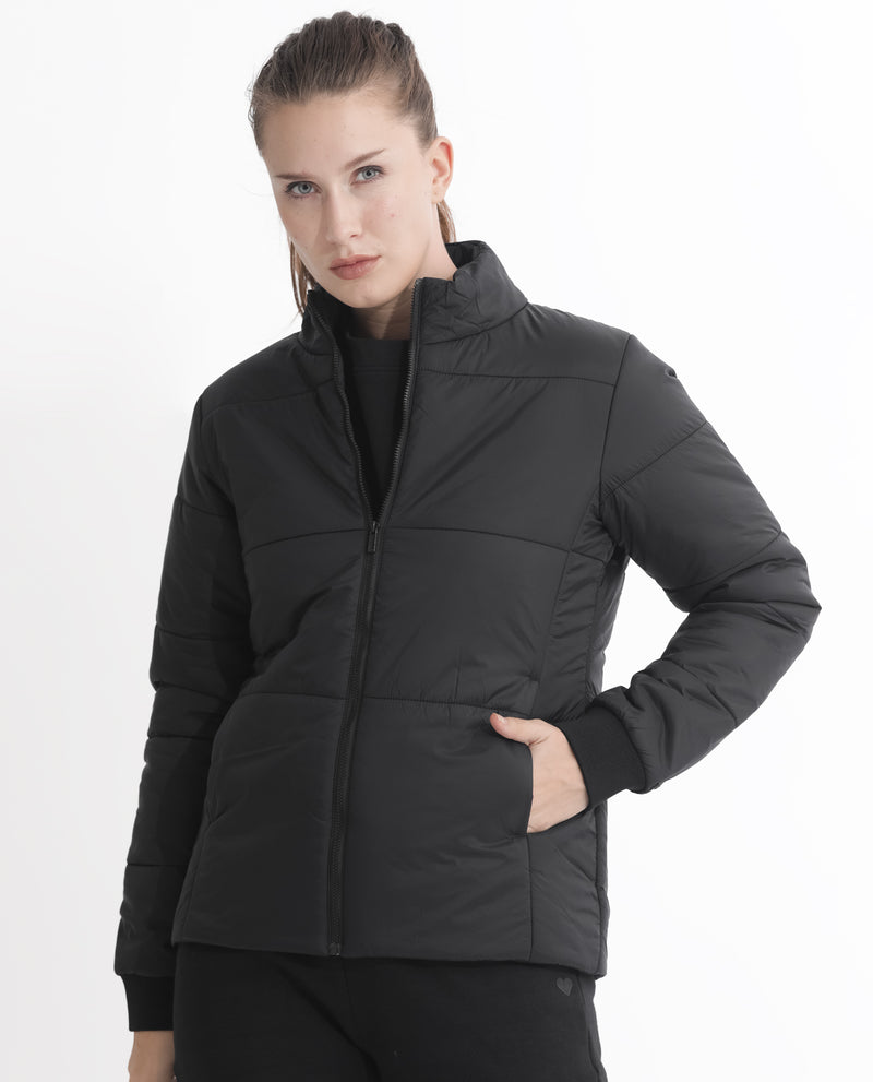 Rareism Women's Glasha Ls Black Polyester Fabric Full Sleeves Solid High Neck Jacket