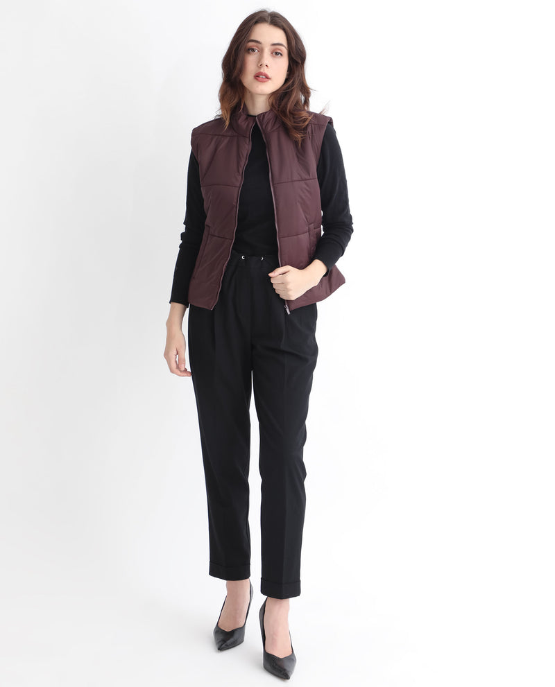 Rareism Women's Glasha Sl Maroon Polyester Fabric Sleeveless Solid High Neck Jacket