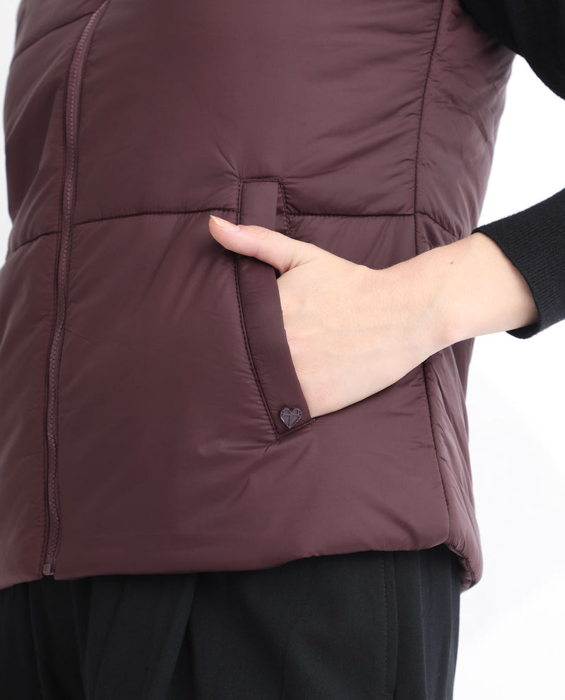 Rareism Women's Glasha Sl Maroon Polyester Fabric Sleeveless Solid High Neck Jacket