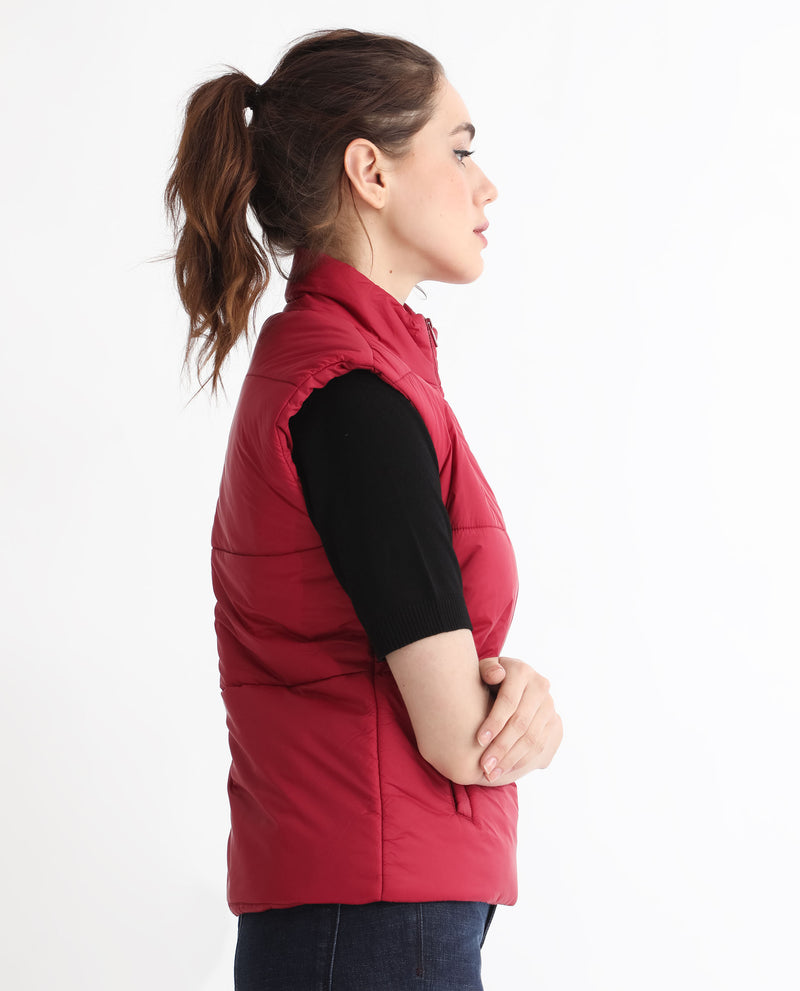 Rareism Women's Glasha Sl Red Polyester Fabric Sleeveless Solid High Neck Jacket