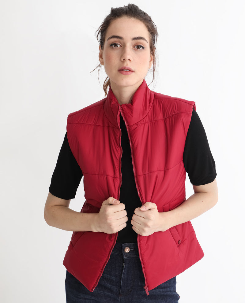 Rareism Women's Glasha Sl Red Polyester Fabric Sleeveless Solid High Neck Jacket