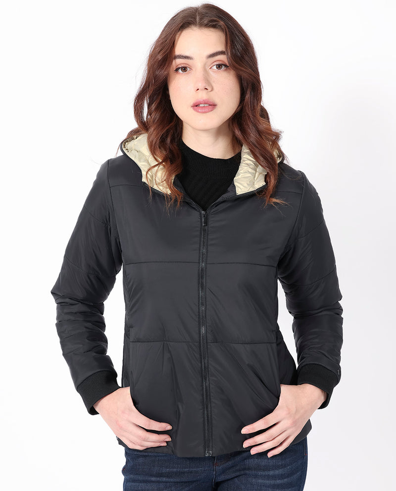 Rareism Women'S Glasha Hls Black Polyester Fabric Full Sleeves Solid Hooded Jacket