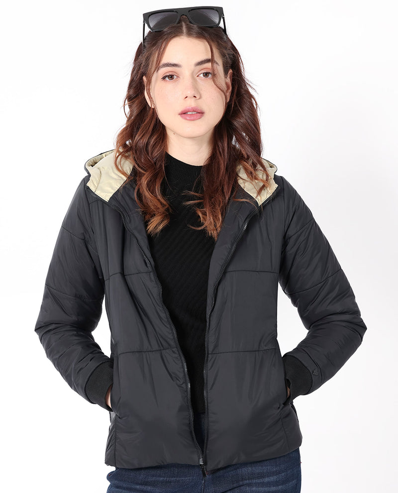 Rareism Women'S Glasha Hls Black Polyester Fabric Full Sleeves Solid Hooded Jacket