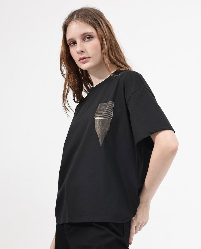 Rareism Women'S Glondit Black Cotton Elastane Fabric Crew Neck Knit Solid T-Shirt