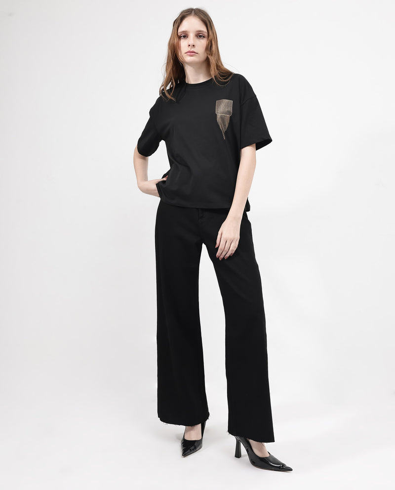 Rareism Women'S Glondit Black Cotton Elastane Fabric Crew Neck Knit Solid T-Shirt