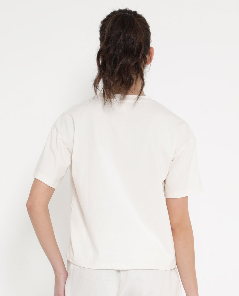 Rareism Women'S Glondit Off White Cotton Elastane Fabric Crew Neck Knit Solid T-Shirt