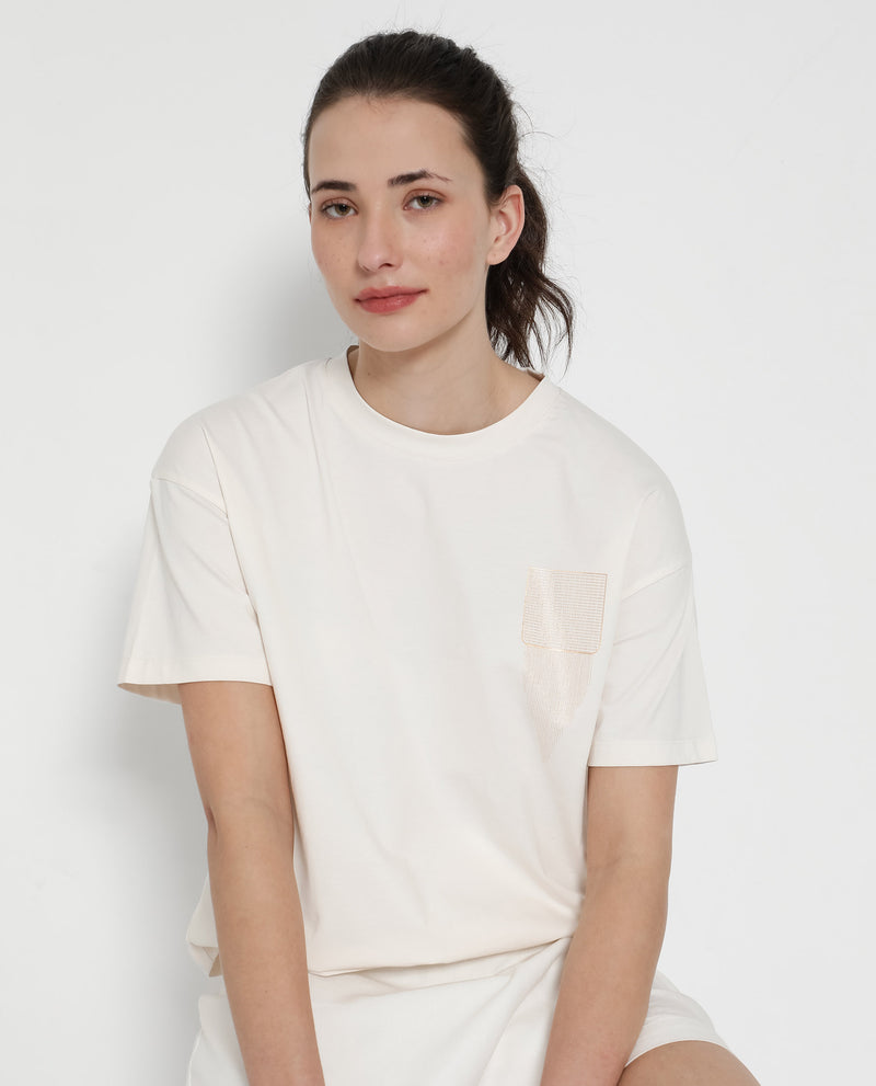 Rareism Women'S Glondit Off White Cotton Elastane Fabric Crew Neck Knit Solid T-Shirt