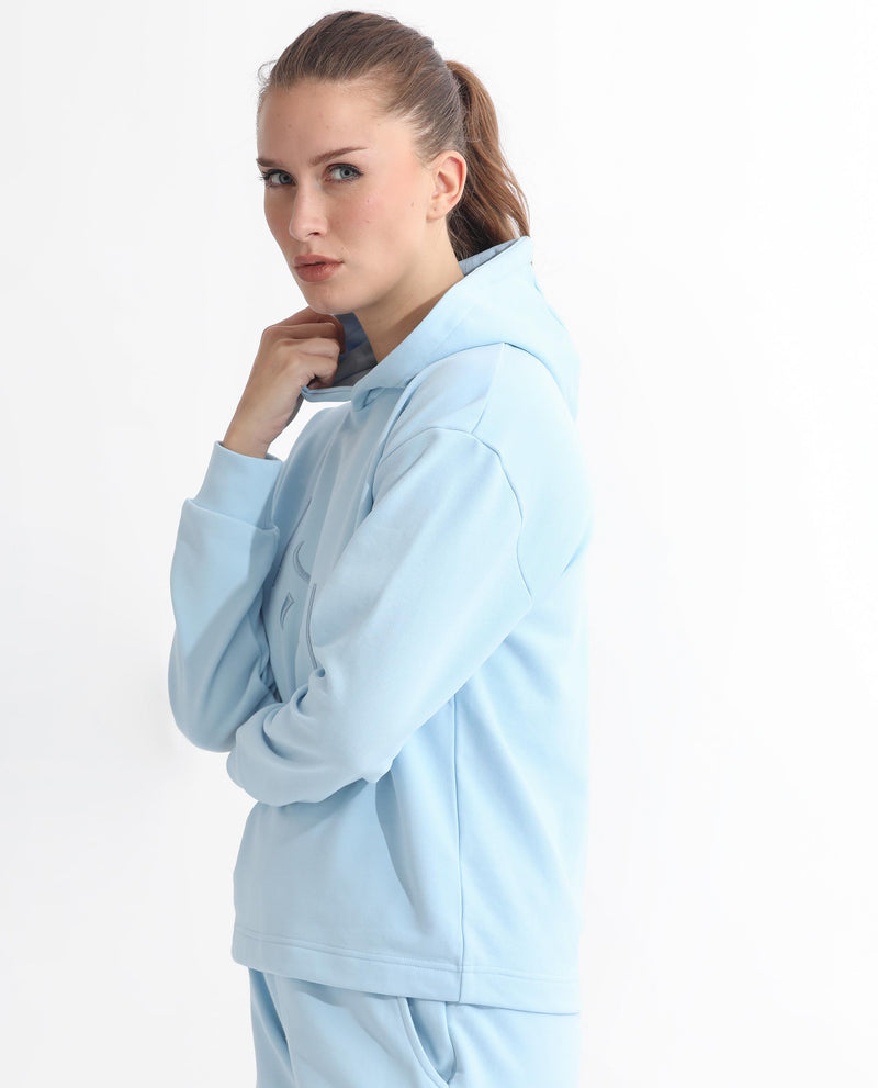 Rareism Articale Women'S Golder Light Blue Poly Cotton Fabric Full Sleeves Hooded Regular Fit Embroidered Sweatshirt