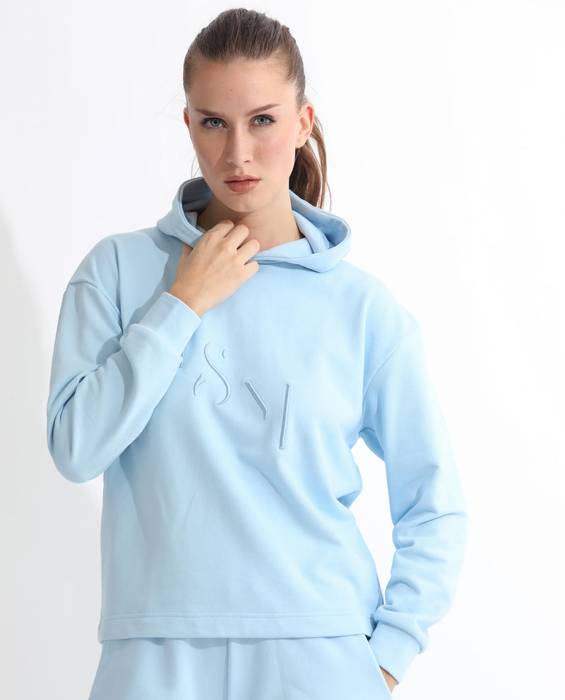 Rareism Articale Women'S Golder Light Blue Poly Cotton Fabric Full Sleeves Hooded Regular Fit Embroidered Sweatshirt