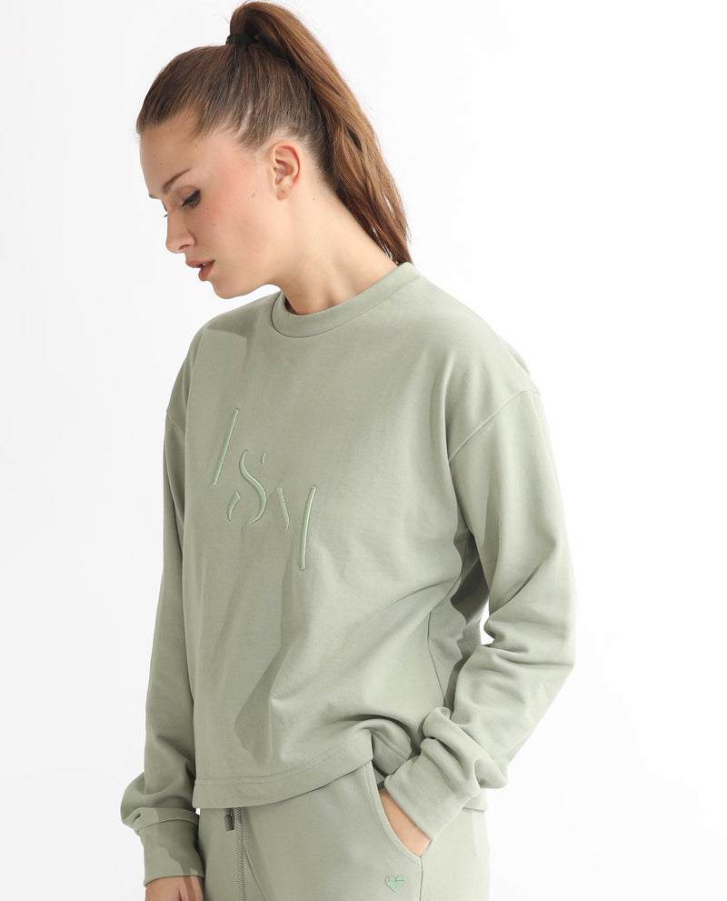 Rareism Articale Women'S Goldrage Dusky Green Poly Cotton Fabric Full Sleeves Round Neck Regular Fit Embroidered Sweatshirt