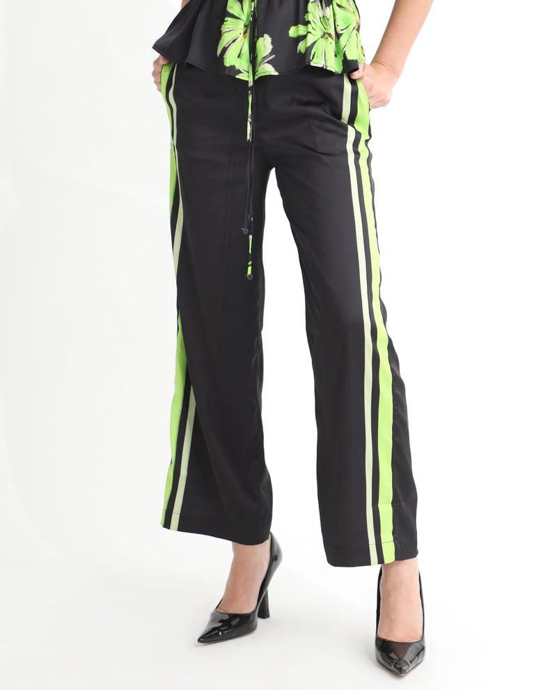 Rareism Women's Gordon Black Polyester Fabric Drawstring Closure Regular Fit Striped Ankle Length Trousers