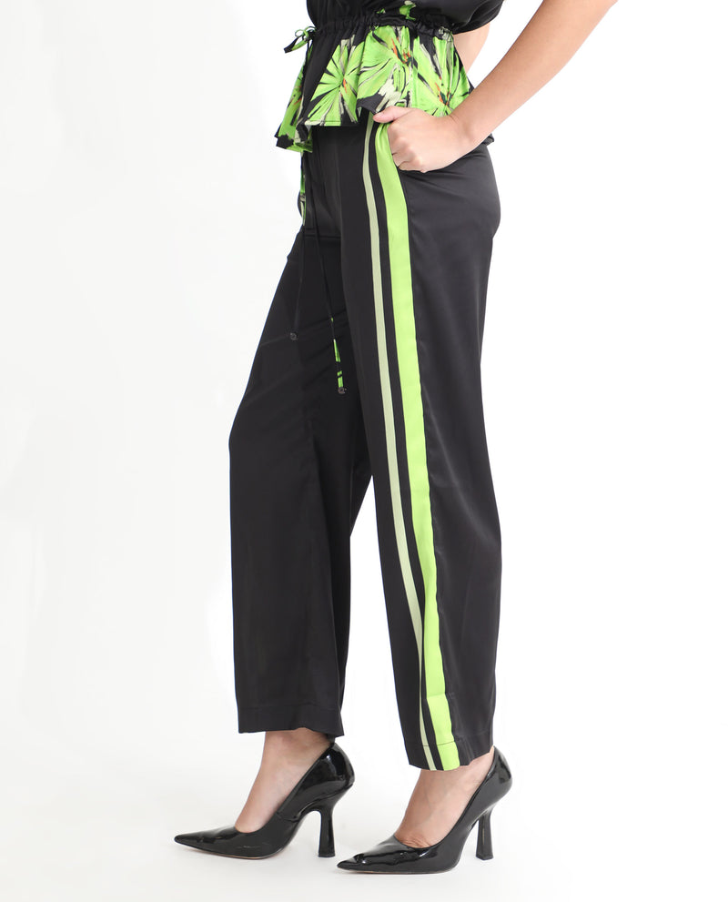 Rareism Women's Gordon Black Polyester Fabric Drawstring Closure Regular Fit Striped Ankle Length Trousers