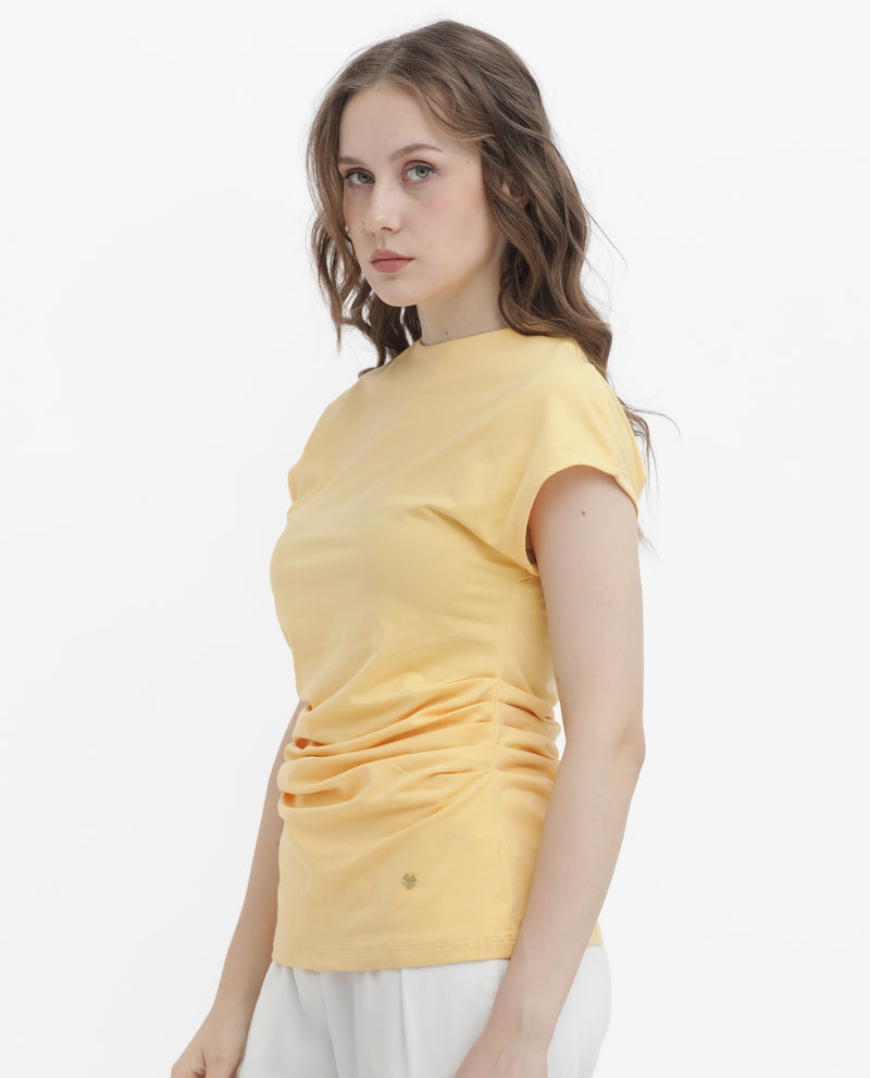 Rareism Women's Granden Light Yellow Cotton Fabric Short Sleeves Zip Closure Round Neck Extended Sleeve Regular Fit Plain Top