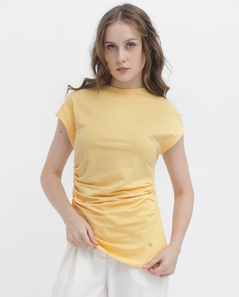 Rareism Women's Granden Light Yellow Cotton Fabric Short Sleeves Zip Closure Round Neck Extended Sleeve Regular Fit Plain Top