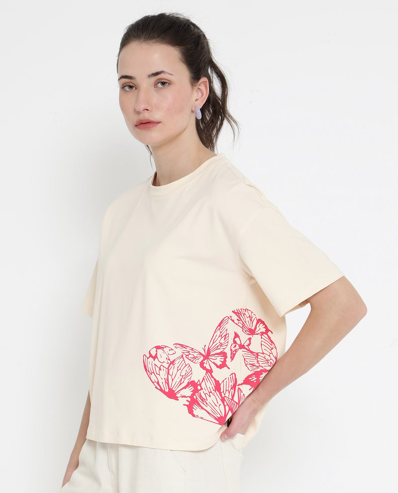 Rareism Women'S Grando Light Beige Cotton Elastane Fabric Crew Neck Knit Solid T-Shirt