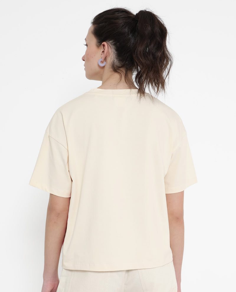 Rareism Women'S Grando Light Beige Cotton Elastane Fabric Crew Neck Knit Solid T-Shirt
