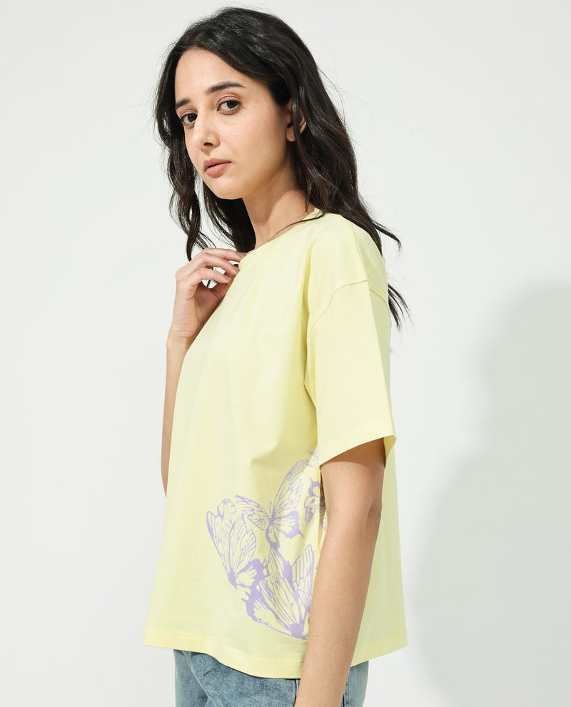Rareism Women'S Grando Yellow Cotton Elastane Fabric Crew Neck Knit Solid T-Shirt