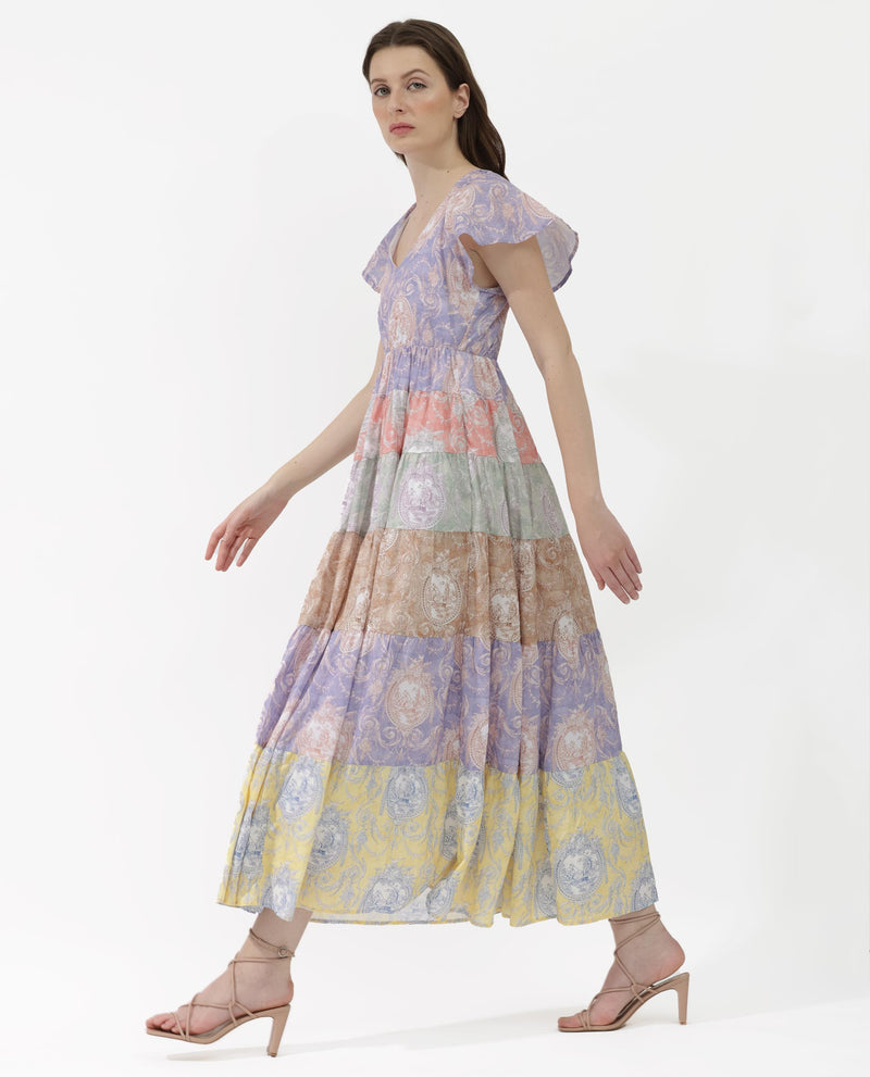 Rareism Women's Grubin Multi Cotton Fabric Short Sleeves V-Neck Raglan Sleeve Fit And Flare Ornamental Print Maxi Dress