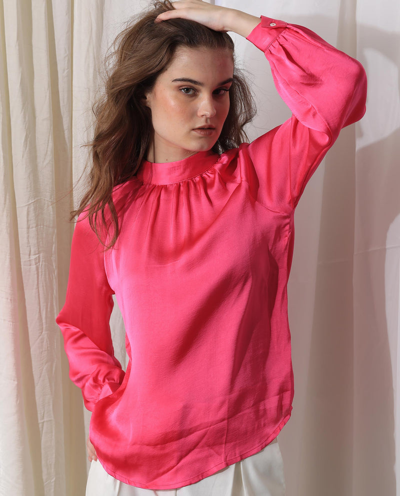 Rareism Women's Kaylinn Fluorescent Pink Polyester Fabric Full Sleeves Button Closure High Neck Volume Sleeve Relaxed Fit Plain Top