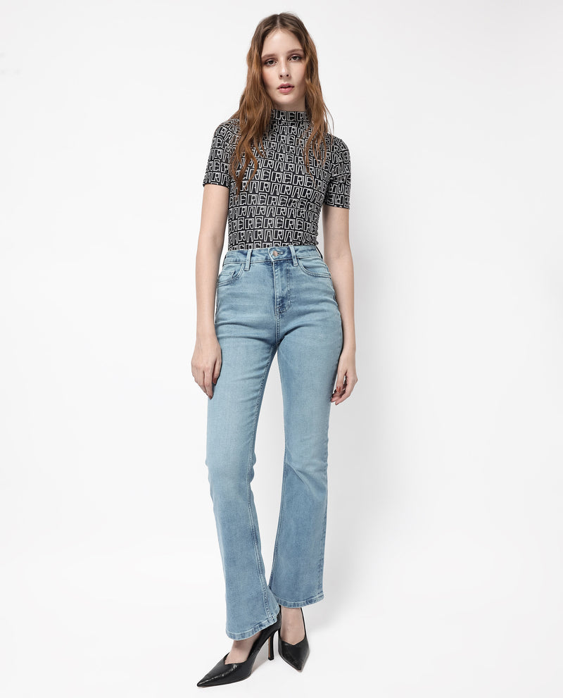 Rareism Women'S Hadley Pastel Blue Cotton Elastane Fabric Solid Regular Length Jeans