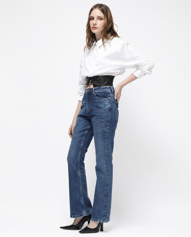 Rareism Women'S Hadley Blue Cotton Elastane Fabric Solid Regular Length Jeans