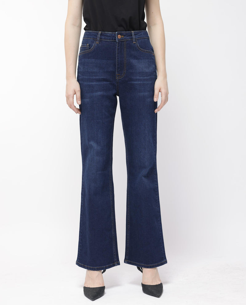Rareism Women'S Hadley Dark Blue Cotton Elastane Fabric Solid Regular Length Jeans