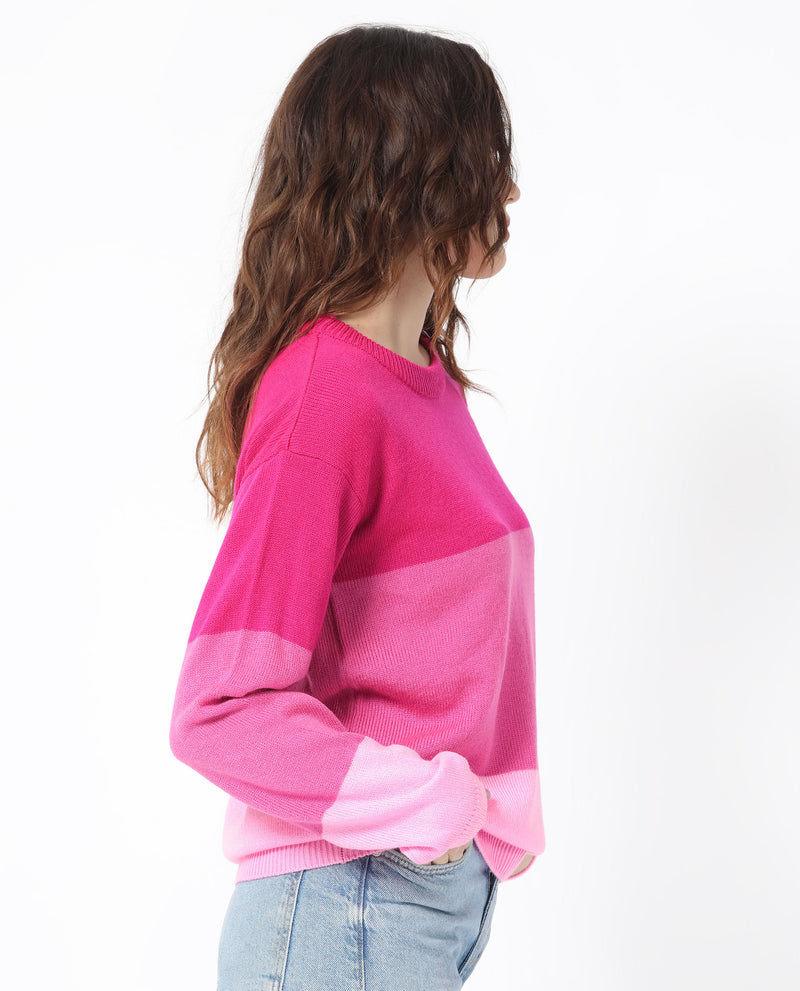 Rareism Women'S Hampshire Pink Acrylic Fabric Full Sleeves Relaxed Fit Color Blocked Round Neck Sweater