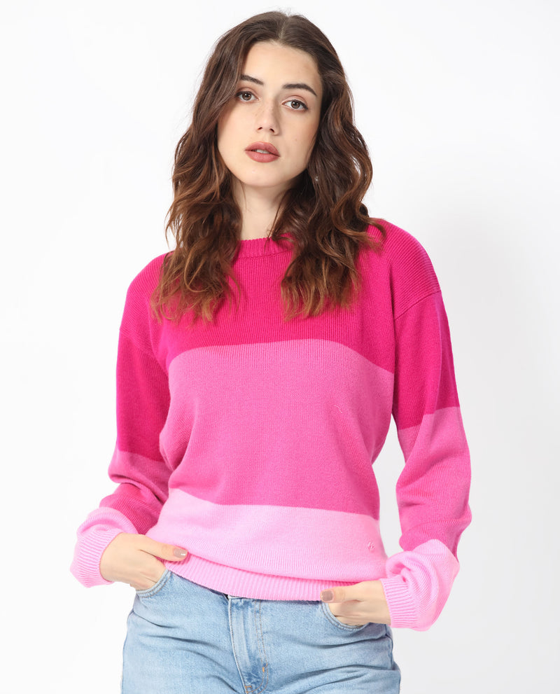 Rareism Women'S Hampshire Pink Acrylic Fabric Full Sleeves Relaxed Fit Color Blocked Round Neck Sweater