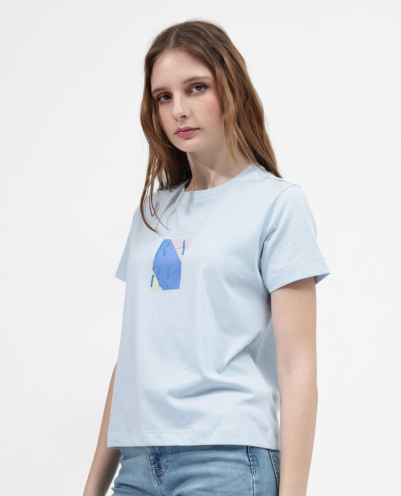 Rareism Women'S Hanna Light Blue Cotton Poly Fabric Short Sleeve Crew Neck Solid T-Shirt