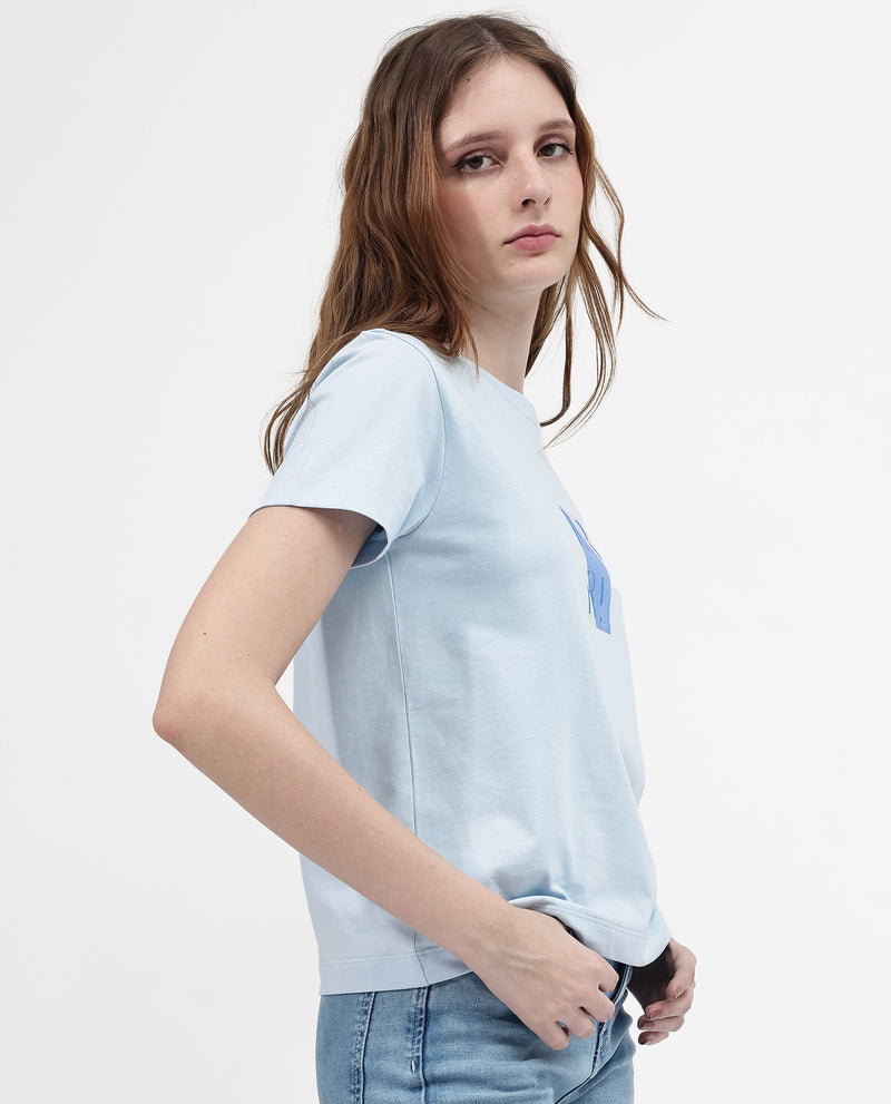 Rareism Women'S Hanna Light Blue Cotton Poly Fabric Short Sleeve Crew Neck Solid T-Shirt