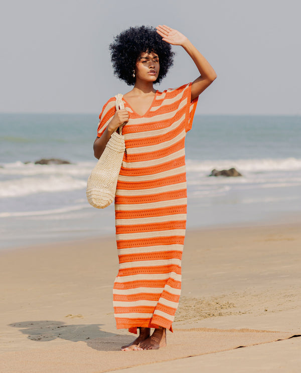 Rareism Women'S Haraya Orange Cotton Fabric Short Sleeves V-Neck Extended Sleeve Relaxed Fit Striped Midi Dress