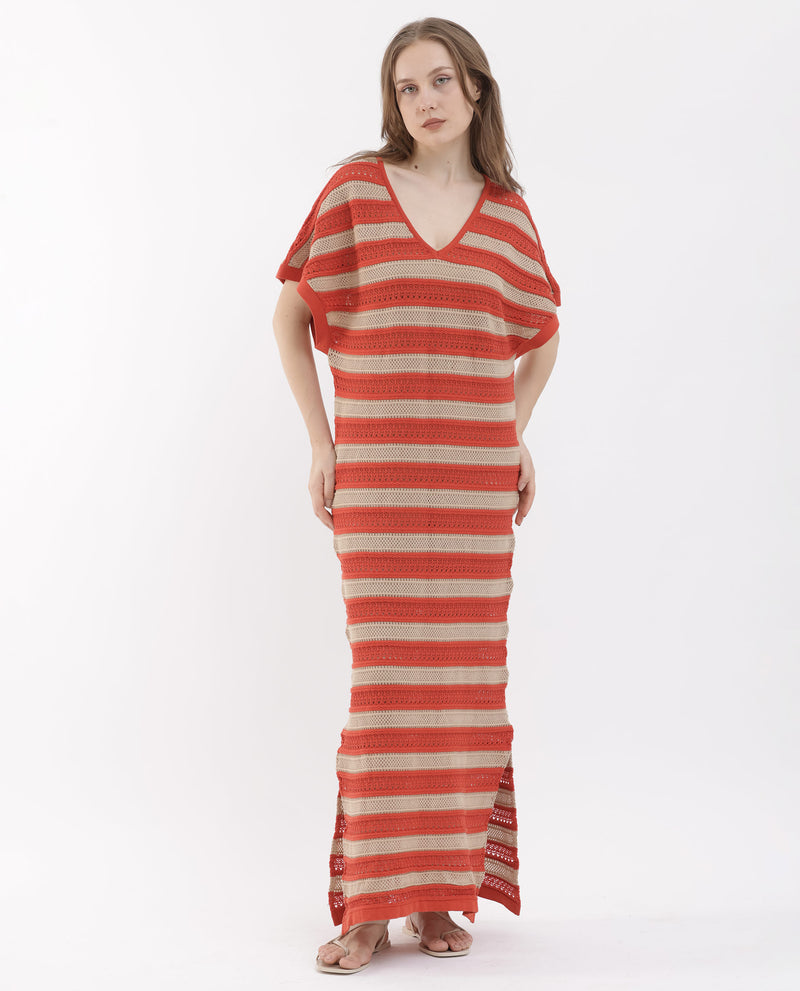 Rareism Women's Haraya Orange Cotton Fabric Short Sleeves V-Neck Extended Sleeve Relaxed Fit Striped Midi Dress