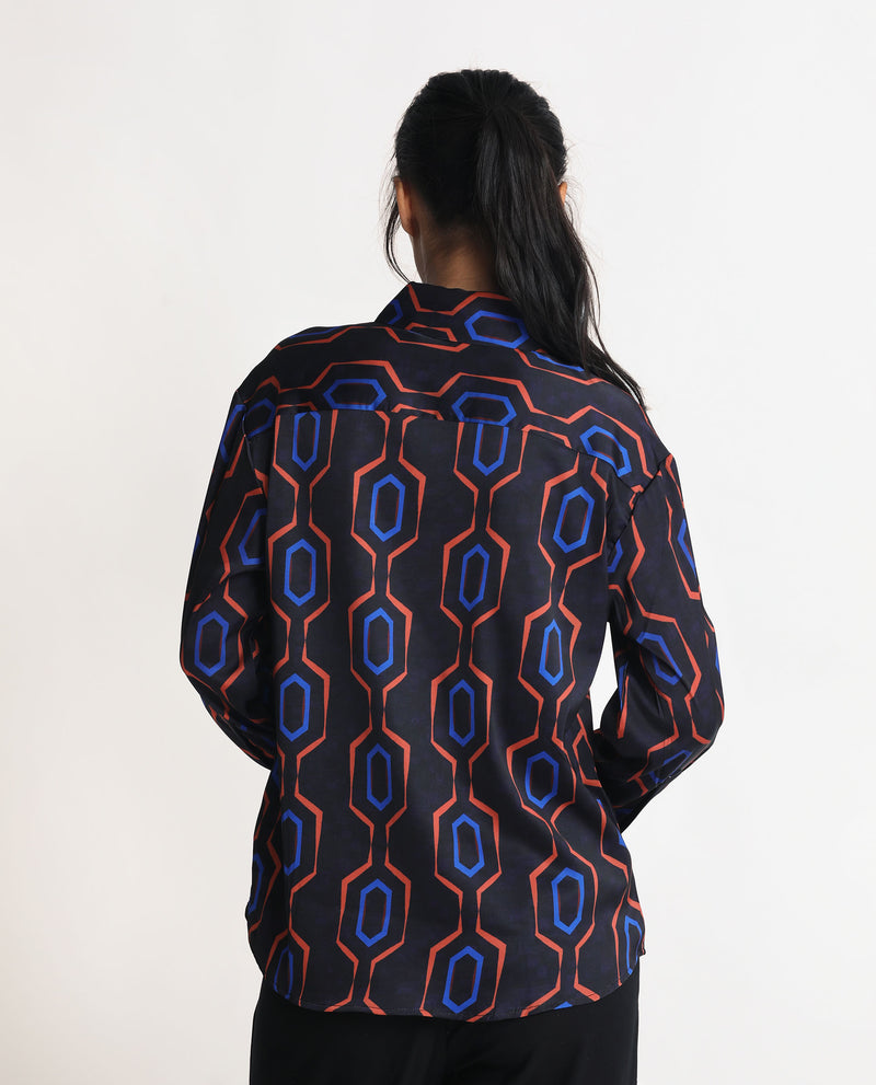 Rareism Women's Harbe Black Polyester Fabric Full Sleeves Button Closure Shirt Collar Regular Fit Geometric Print Shirt