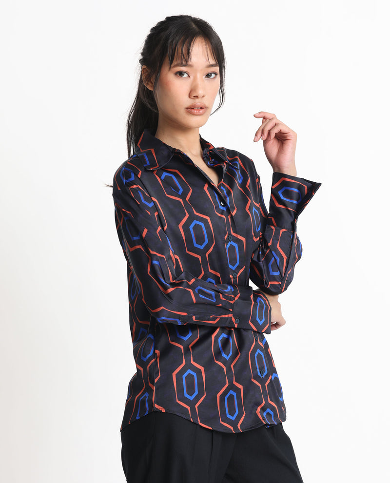 Rareism Women's Harbe Black Polyester Fabric Full Sleeves Button Closure Shirt Collar Regular Fit Geometric Print Shirt
