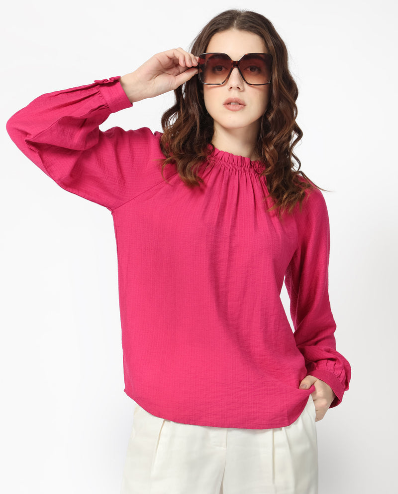 Rareism Women's Harof Dark Pink Polyester Fabric Regular Fit High Neck Full Sleeves Solid Top