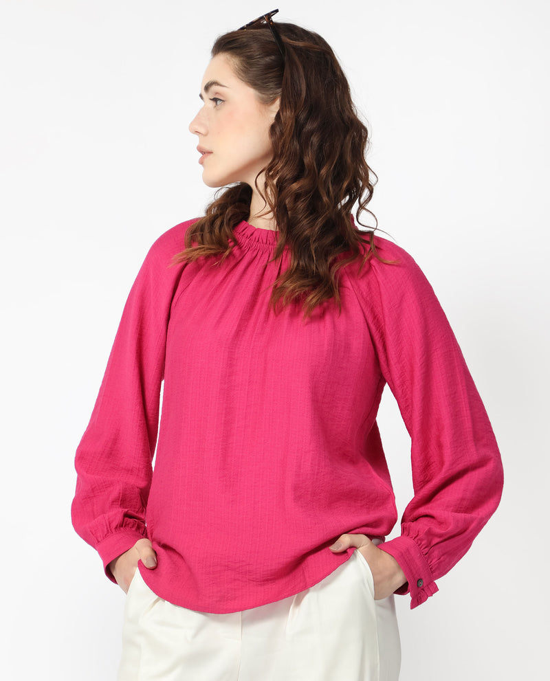 Rareism Women'S Harof Dark Pink Polyester Fabric Regular Fit High Neck Full Sleeves Solid Top