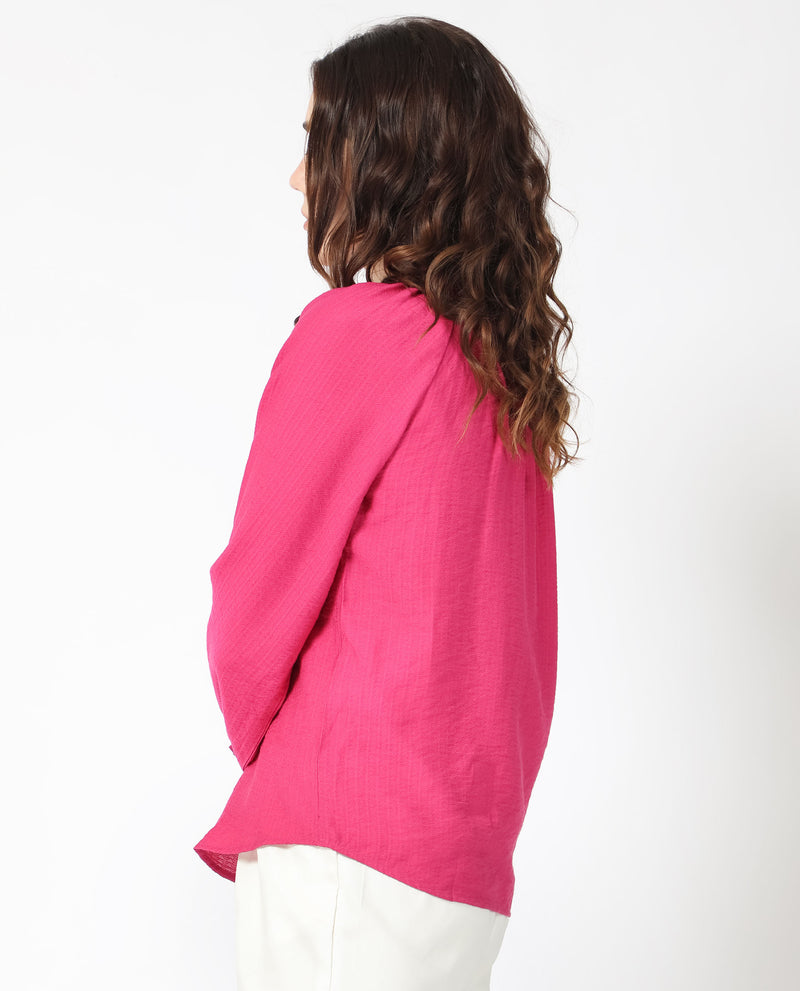 Rareism Women's Harof Dark Pink Polyester Fabric Regular Fit High Neck Full Sleeves Solid Top